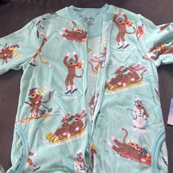 Nick & Nora Adult Teen Unisex Fleece One Piece Sock Monkeys Pajama Size S NWT - Picture 6 of 12